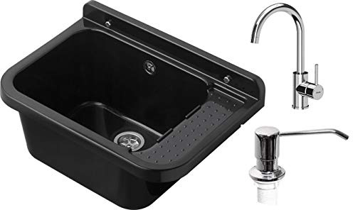 VBChome Ausgussbecken mit Armatur 59 x 34 x 21 cm Schwarz Armatur Chrom Seifenspender Spülbecken Waschtrog mit Überlauf Waschbecken für Gewerbe Waschraum Garten inkl. Ablaufgranitur