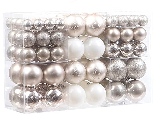 Sea Team 100 Stück sortierte Christbaumkugeln bruchsicher zum Aufhängen mit wiederverwendbarer Geschenkverpackung für Weihnachtsbaumschmuck Champagner