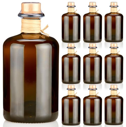 9x Apothekerflaschen 500ml braun schwarz leer Profiset komplett mit edlen Echtholzkorken natur Flaschenkapseln & Bast Band Geschenk Braunglas Flaschen 0,5 L für Öl, Gin, Kräuter Schnaps uvm.