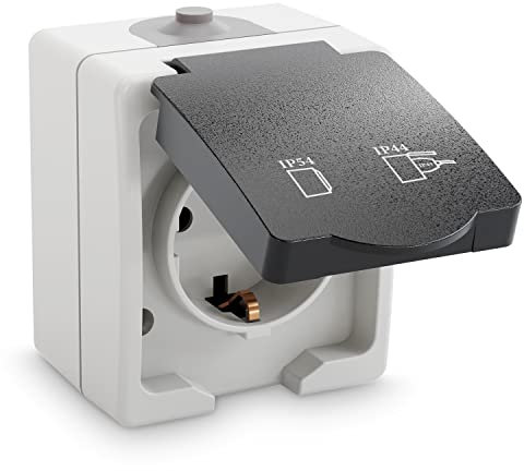 greate Aufputz Steckdose 1fach für Feuchtraum - AP Steckdose mit Klappdeckel IP54, 250V, 16A, 2 polig - Aufputz Steckdosen, Aufputzdose Außenbereich, Aufputzsteckdose 1fach