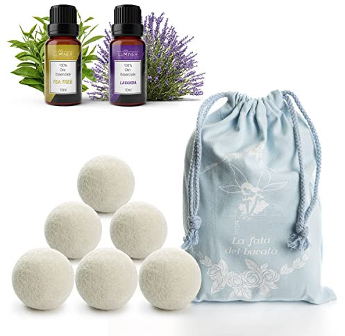 Luminer Boules de séchage, 6 boules de séchage sans plis avec 2 anti-plis de lavande et d'arbre à thé, boules de séchage en laine avec parfum de lessive