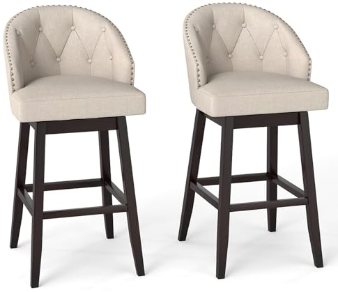 COSTWAY Bar Stools Set of 2, 31’’ Swivel Bar Stools with Rubber Wood Legs & Padded Back, Breathable Linen Fabric, Stylish Tufted Design & Rivet Decoration, Adjustable Foot Pads (2, Beige + Brown)