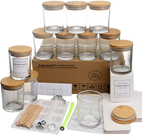 MILIVIXAY Lot de 12 pots à bougies en verre transparent de 355 ml avec couvercles et kits de fabrication de bougies – Pots à bougies vides en vrac pour la fabrication de bougies – Contenants à épices