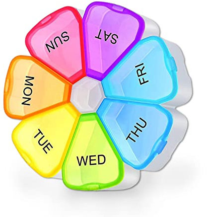 Organizzatore di portapillole rotondo di alta qualità Scomparti grandi e facili, design unico con apertura a molla per compresse, vitamine, farmaci e olio di fegato di merluzzo Senza BPA (multicolore)