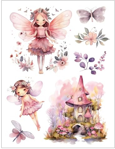 Bügelbilder Set für Textilien DIN A4 Kinder Mädchen Jungen Dino Einhorn Waldtiere Aufbügelbild zum aufbügeln verschiedene Designs Aufbügler Transferbilder (10 - Rosa Feen)
