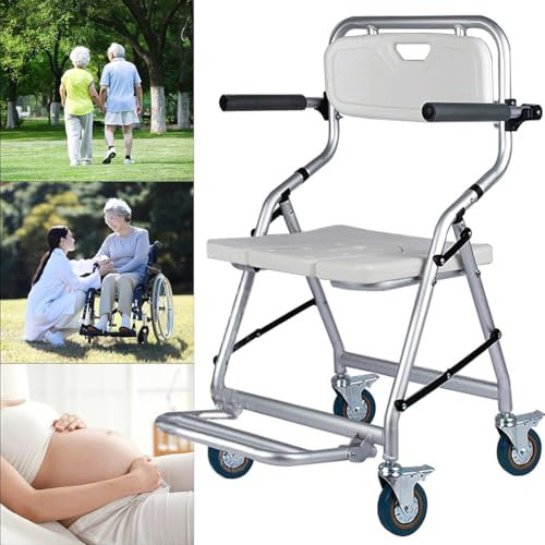 Duschstuhl mit Rollen, Rutschfester Badehocker Stuhl mit abnehmbaren Armen, Duschhocker mit Hygieneausschnitt/Duschschnalle, Sitzbreite: 41cm Sitztiefe: 42cm, rutschfest, Stabil