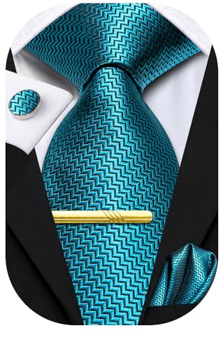 Hi-Tie Herren Seidenkrawatten, formell, gewebt, Krawatte, Einstecktuch, Manschettenknöpfe, Clip-Set für Hochzeit, Business, Blaugrün gestreift, M