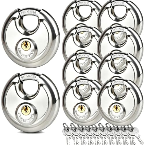 Fuaxat 10-pack skivlås med nyckel lika, 70 mm (2-3/4 tum) förvaringslås för förvaringsenhet, utomhus vattentäta hänglås i rostfritt stål för förvaringsskåp, skjul, grind, staket, slitstark diskusynnad