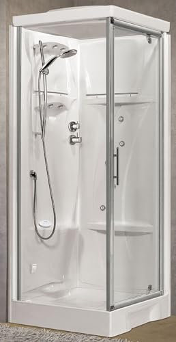Novellini New Holiday GF80 Hammam 80 x 80 cm Cabine de douche multifonction ouverture battante mitigeur mécanique verre transparent profil argent réversible hydromassage sauna tige hauteur 225,5 cm