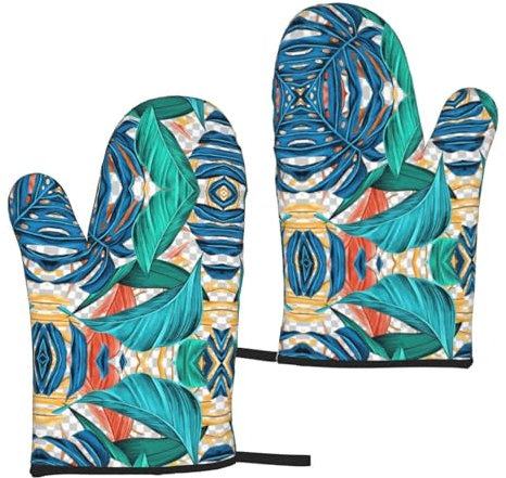 Nezih Guantes de cocina con estampado de hoja de palma tropical para adultos, resistentes al calor, para microondas, hornear, cocinar, asar a la parrilla, 5.9 x 11 pulgadas
