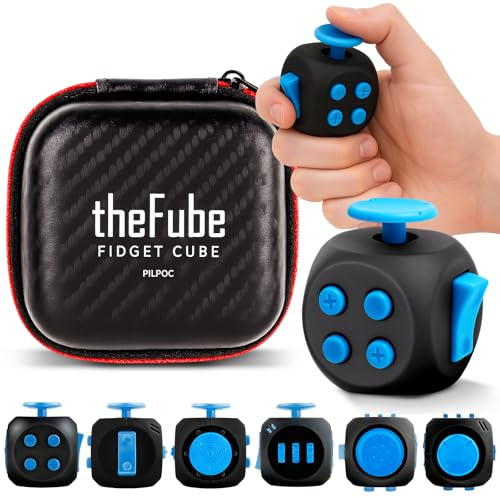 PILPOC theFube Fidget Cube, 6-Sided Stress Relief Infinity Cube for Adults, Kids, Boosts Concentration, Mindfulness Aid, Silent & Audible Modes, Includes Carry Case for Portability (Midnight Sapphire)