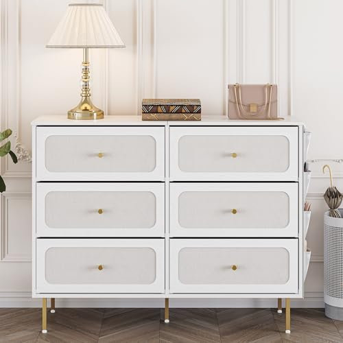Hzuaneri Commode, Armoire avec 6 Tiroirs en Tissu, Meuble de Rangement, Multifonctionnel avec Pochette, Cadre en Métal, 30 x 110 x 85 cm, pour le salon et la chambre, Style Moderne, Blanc-Or DU25813AW