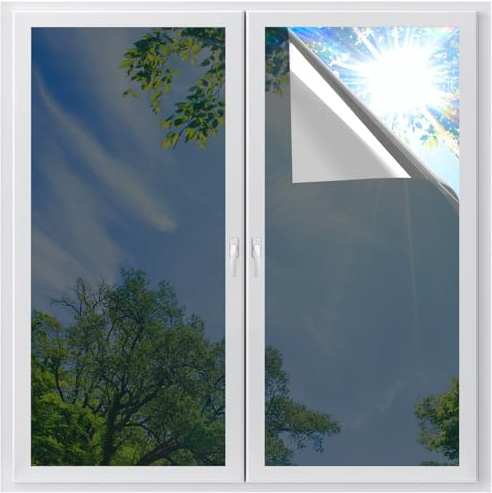 LUTE One Way Window Film Daytime Privacy Window Tint for Home, Sun Blocking Anti UV Heat Blocking See Out Not in Tinted Reflective Mirror Film Door Covering, Black-Silver, 17.5 x 78.7