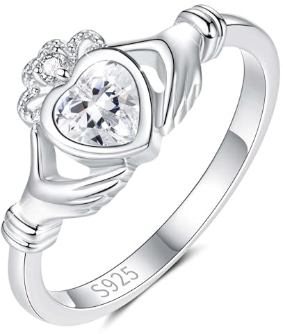 SOLOLIKE Claddagh Rings for Women - Sterling Silver Irish Heart Claddagh Ring Size 5-10, Stackable Crown Rings - Birthday Mother's Day Gift, 7, Silver, Cubic Zirconia