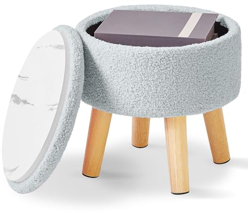 IBUYKE 33 cm liten fotpall ottoman med förvaring, rund puff fotstöd med vadderat säte och träben, teddy sammet mini fotpall för vardagsrum soffa sovrum entré, gråblå WBD006H