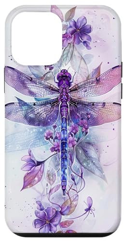 Custodia per iPhone 12 mini libellula floreale con fiori lilla e foglie