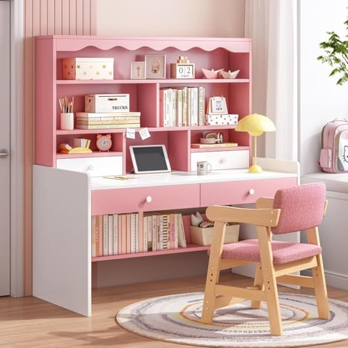 Wooden Pink/White Free Standing Study Table Desk With Shelves & Drawers For Kids Children Girls Home 120 x 48 x 154 cm (Pink/White)
