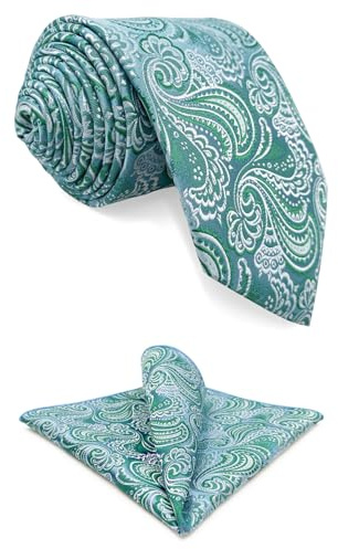 S&W SHLAX&WING Set de Corbata y Pañuelo de Bolsillo Paisley Verde Azul Claro Blanco para Hombre Extra Larga 160cm