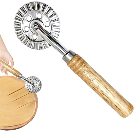 Rueda de corte de pizza, cortador de rodillo de pasta de acero inoxidable con borde estriado con mango de madera, herramienta de crimpado de raviolis, decorador de para pasta, pizza, fabricación