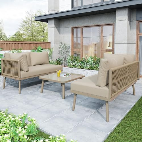 MURUL Garten-Lounge-Set aus Eisen, Gartenmöbel-Set, L-förmiges Gartenmöbel-Set, Lounge-Set aus mit Sitzkissen, 2 Sofas und 1 Tisch, verstellbaren Füßen (Khaki)