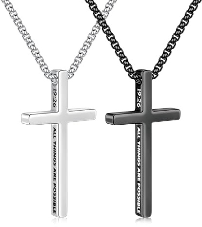 TINGN 2 Stück Kreuzkette Herren Jungen Edelstahlkette mit Kreuzanhänger Halskette Silber Schwarz Kreuz Halskette Set mit Text Männer Schmuck Geschenk Kettenlänge 47-61cm