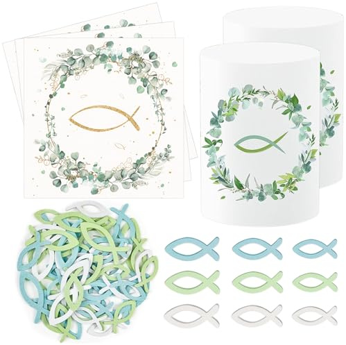 Poraceous 20 Stück Servietten Kommunion + 12 Windlicht Tischdeko+ 90 Holzfische Streudeko, Gastgeschenk Meine Jugendweihe Dekoration Eukalyptus Grün, Kommunion Party Geschenke Gastgeschenke