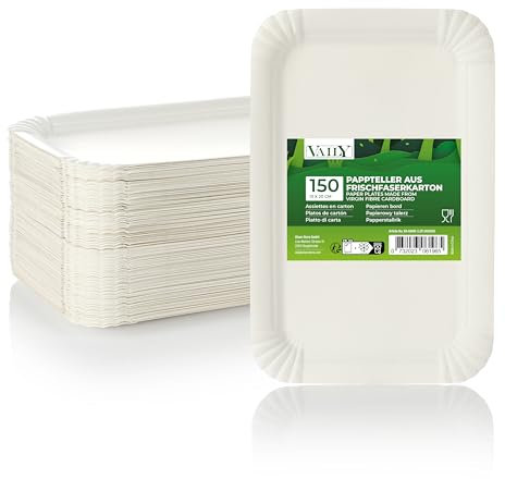 Vaily Lot de 150 assiettes carrées en carton - 13 x 20 cm - Pour gâteaux et petits pains - Assiettes jetables, assiettes à gâteau pour barbecues, fêtes et anniversaires - Blanc