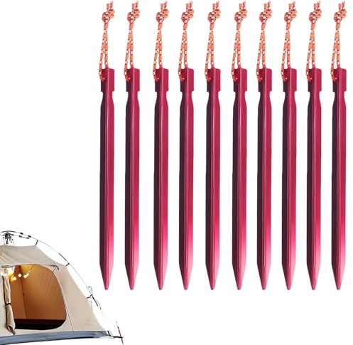 LUMOOM 10 Stück Zeltheringe, Camping Heringe, Ultralight Heavy Duty Aluminium Legierung Erdnägel mit Reflektierende Seil für Camping, Reisen, Wandern, Strand, Robust (Rot)