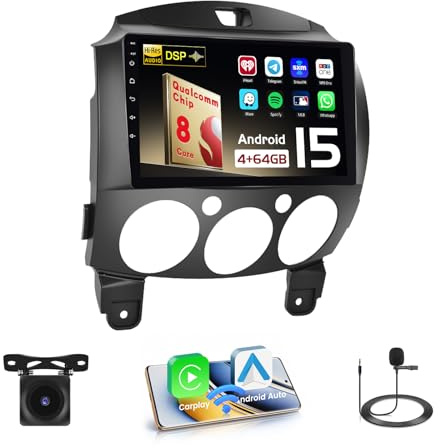 Hikity Qualcomm Snapdragon 8 Core 4+64G Android 15 Autoradio für Mazda 2 2007-2014 Wireless CarPlay Android Auto IPS Bildschrim 9 Zoll BT5.1/Heat Dissipation/GPS WiFi FM RDS SWC DSP