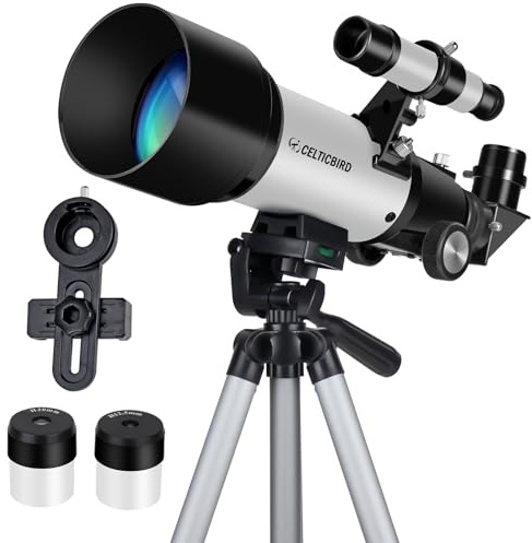 Telescopio per bambini principianti, telescopio astronomico rifrattore da 400 mm con apertura da 70 mm per adulti e studenti - Telescopi da viaggio con treppiede e adattatore per telefono (argento)