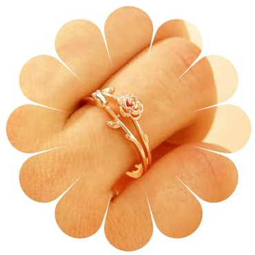 Xmsrn Vintage Metal Rose Flower Ankle Ring Gold Rose Finger Ring Open Flower Ring Boho Wrap Hand Adjustable Statement Jewellery for Women, Zinc, No Gemstone