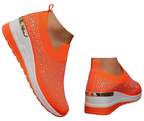 Xbemkste Damslip-on-sneakers med kilklack, bekväma slip-on skor med strass, glitter, fritidsskor, ventilerande damskor, lediga promenadskor, apelsin, 38.5 EU