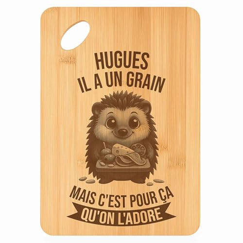 Planche à découper Hugues Hérisson Grain - Plateau Apéro en Bambou Cadeau Gravé pour Homme Cuisine Barbecue