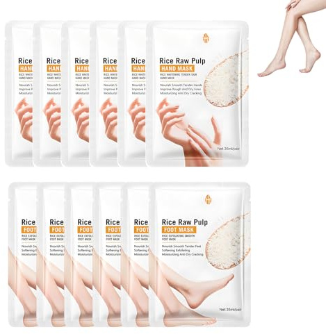 Rice Exfoliating Smooth Foot Mask handmask set, med naturligt risextrakt för djup fukt, vårdar torr och sprucken hud, 6 par fotmasker och 6 par handmasker, perfekt för män kvinnor