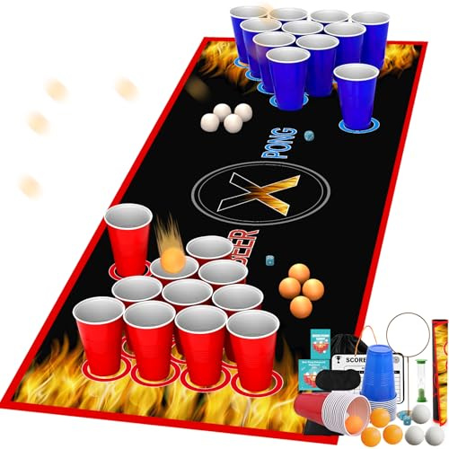 Faburo Jeu à boire, jeu de pong à bière, jeux de fête pour adultes, jeu de table de pong à bière, tapis de table avec 22 gobelets, 8 balles de tennis de table + tapis de table pour mariage