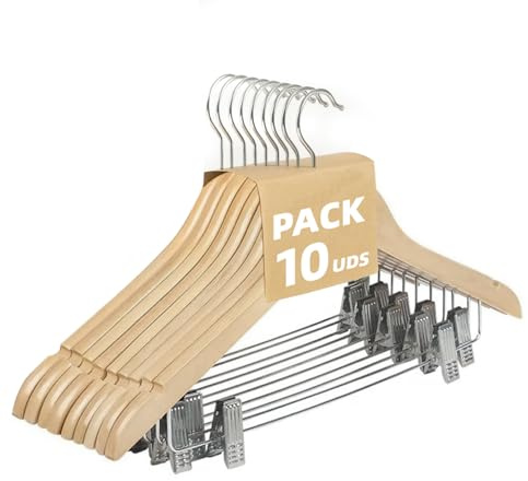 MERCURY TEXTIL - Perchas Ropa de Madera con Pinzas y Muescas Antideslizantes, Pinzas con PVC para No Dañar la Ropa, Gancho Giratorio 360°, Perchas Madera Maciza sin Astillas.(Madera, 10 Unidades)