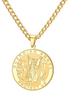 TEAMER Guardian Angel Necklace Our Round Guardian Angel Religious Medal Pendant Necklace Protection Spiritual Keepsake Jewelry For Women Men (Gold)