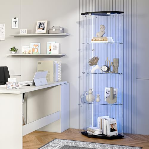 Hörnglasvitrin stående vitrinskåp med LED, vitrinskåp med 1 glasdörrar låsbart och 4 hyllor samlarvitrin stående transparent vitrinskåp glas för vardagsrum kontor samlarobjekt böcker vin (svart)