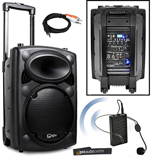 qtx QR10PA Portable PA System with VHF Wireless Headset Microphone | Battery Powered Speaker + iPod Connection Cable