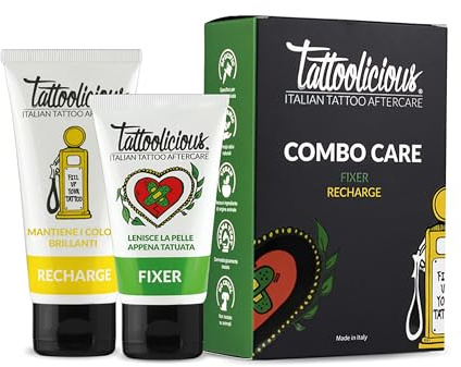Tattoolicious COMBO CARE – Kit After Care Post-Tattoo e Mantenimento | FIXER 75ml + RECHARGE 100ml | Con Ingredienti Naturali e Principi Attivi Bio, Vegan, Cruelty Free, Derma Tested | Made in Italy.