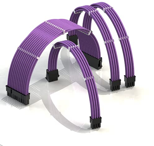 LINKUP - AVA 30cm Câble d’Extension PSU w/Manchon | Conception Personnalisable l’Alimentation GPU | Tressés w/Kit Peignes pour Câbles | 1x24P (20+4) | 1x8P (4+4) CPU | 2x8P (6+2) GPU | 300mm - Violet