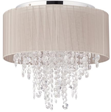 Relaxdays Deckenlampe Kristall, Lampenschirm aus Organza, G9-Fassung, 5-flammige Deckenleuchte, 39 x 39,5cm, grau/silber