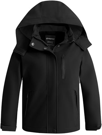 wantdo Girl's Snow Ski Jacket Windbreaker Thick Jacket Winter Coat Warm Rain Coats with Removable Hood Black Size 10-12