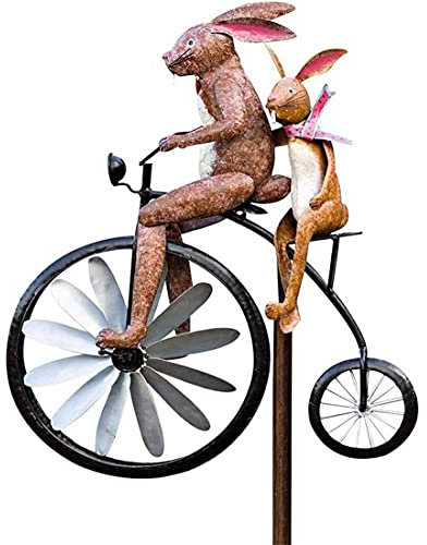 BesDirect Spinner à Vent en métal de Bicyclette, Jouet Animal 3D de Moulin à Vent, Sculpture à la Main de mante de Lapin de Chat de Grenouille de vélo pour la décoration de pelouse de Jardin (Lapin)
