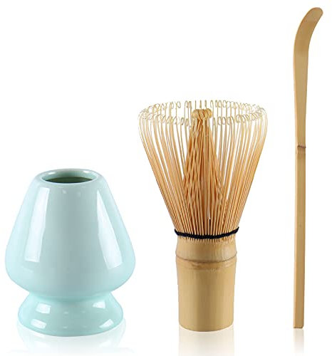 Matcha Tea Set Bamboo Matcha Whisk, Ceramic Whisk Holder, Tea Scoop, Japanese Matcha Tea Tool Kit Set of 3 Green