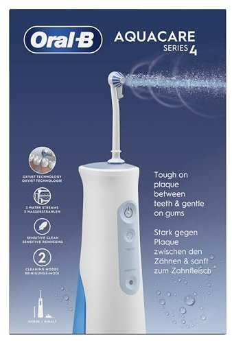 Oral-B AquaCare 4 Kabellose Munddusche, Zahnzwischenraumreiniger für sanfte Zahnreinigung & gesünderes Zahnfleisch, mit Oxyjet-Technologie, 2 Modi für Zahnpflege, weiß/blau