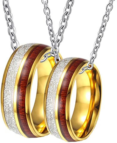 Bishilin Paar Halskette Edelstahl Partnerketten Edelstahl Charms Anhänger Ring 8MM Gold mit Metallfolie und Holz Pärchen Halskette für 2