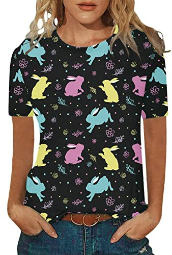 Ostern-Damen-Kurzarm-T-Shirt mit Rundhalsausschnitt, Hase, Huhn, Bedruckt, Top, lässig, schmal, T-Shirt, Bluse Bluse Mit Reißverschluss Vorne