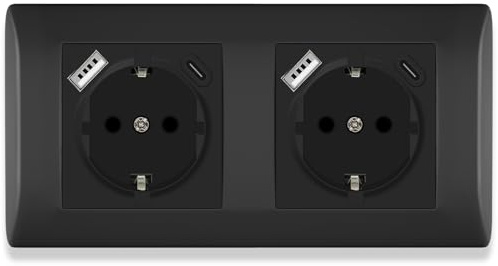 BSEED Steckdose Unterputz mit Steckklemme 16Amp, Doppelsteckdose Unterputz mit USB/TYPE C Port 2.1A, 2 Fach Wandsteckdose mit PC Rahmen, Schuko Steckdose mit USB Anschluss Unterputz Schwarz - 152 mm