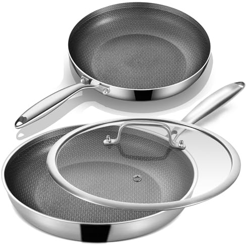 Inqibee Juego de sartenes híbridas de acero inoxidable de tres capas de 8 a 10 pulgadas, juego de sartenes antiadherentes con tapa, sartén, sartenes de chef de inducción, aptas para lavavajillas y